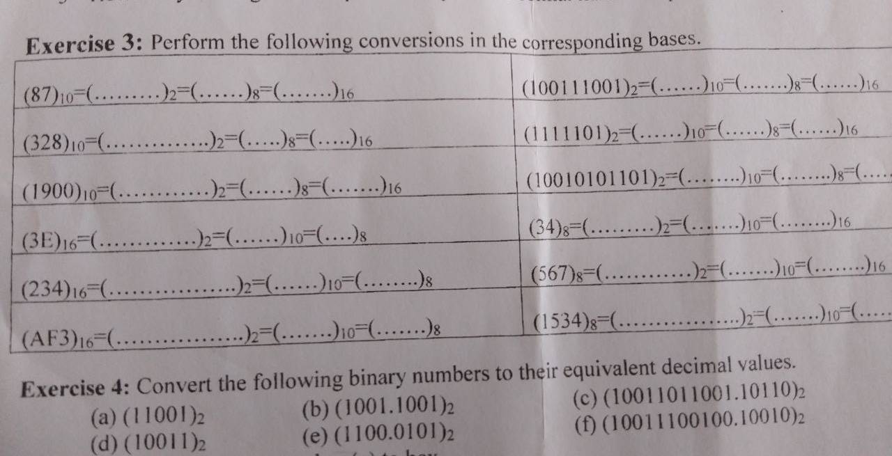 Convert the following binary numbers to their equivalent decimal 
(a) (11001)_2 (c)(1001101 10 00 1 1.10110)_2
(b) (1001.1001)_2
(d) (10011)_2 (e) (1100.0101)_2 (f) (10011 1001 0.10010)