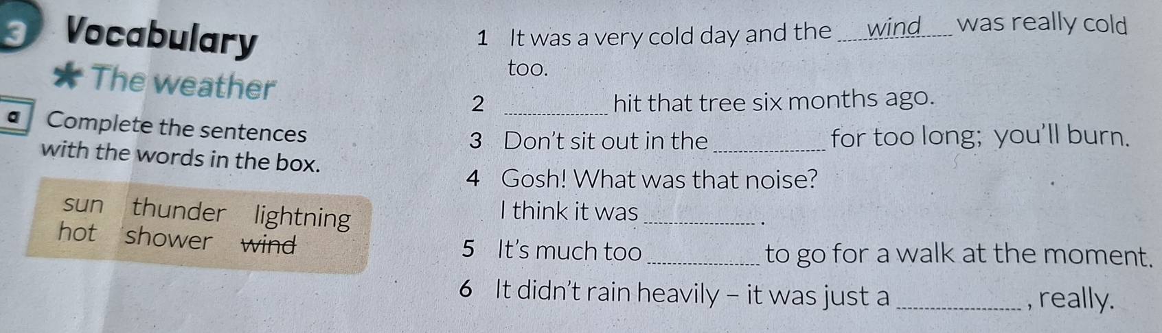 Vocabulary 1 It was a very cold day and the _____wind______ was really cold 
too. 
The weather 2_ 
hit that tree six months ago. 
a Complete the sentences 
3 Don't sit out in the _for too long; you'll burn. 
with the words in the box. 
4 Gosh! What was that noise? 
sun thunder lightning I think it was_ 
hot shower wind 5 It's much too_ 
to go for a walk at the moment. 
6 It didn't rain heavily - it was just a _, really.