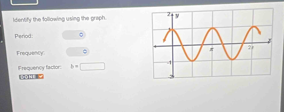 ldentify the following using the graph. 
Period: 。 
Frequency: 
Frequency factor: b=□
DONE