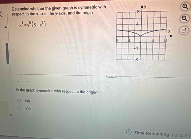 Determine whether the given graph is symmetric with
respect to the x-axis, the y-axis, and the origin.
x^4=y^5(5+x^2)
Is the graph symmetric with respect to the origin?
No
Yes
o Time Remaining: 00 04:5 1