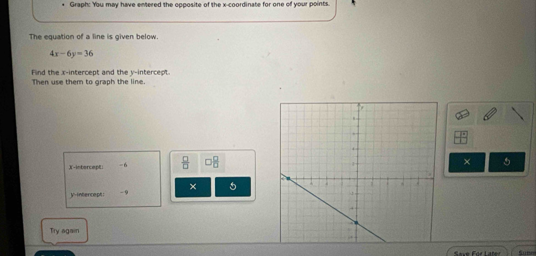 Graph: You may have entered the opposite of the x-coordinate for one of your points. 
The equation of a line is given below.
4x-6y=36
Find the x-intercept and the y-intercept. 
Then use them to graph the line.
 □ /□  
X-intercept: -6 □  □ /□  
× 5
× 
y-intercept: -9
Try again 
Save For Later Sunn