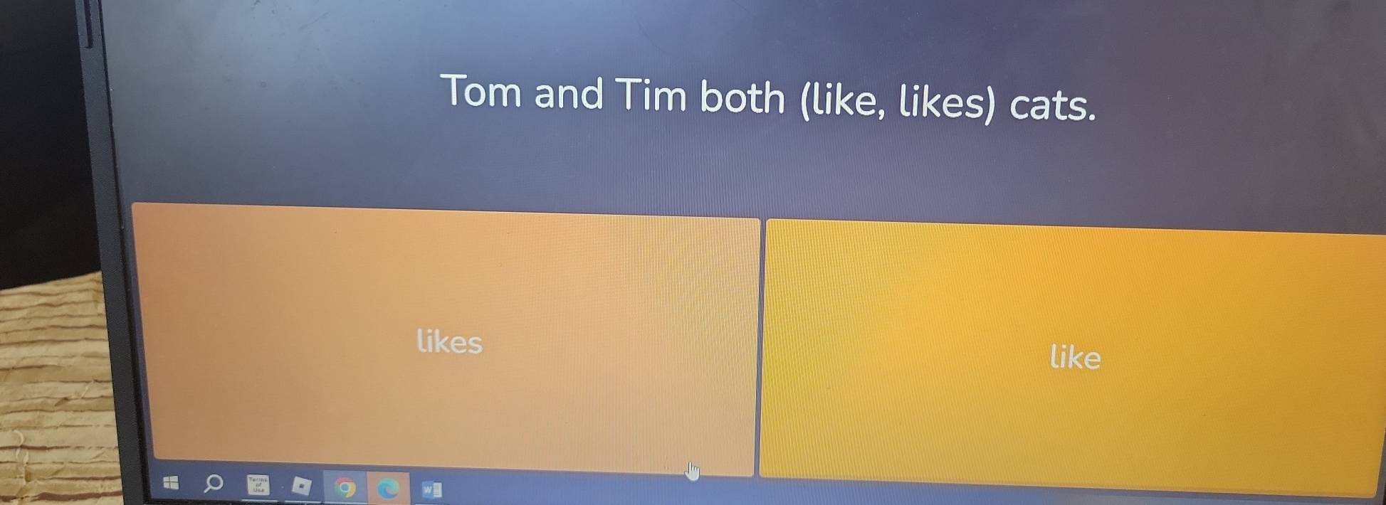 Tom and Tim both (like, likes) cats. 
likes 
like