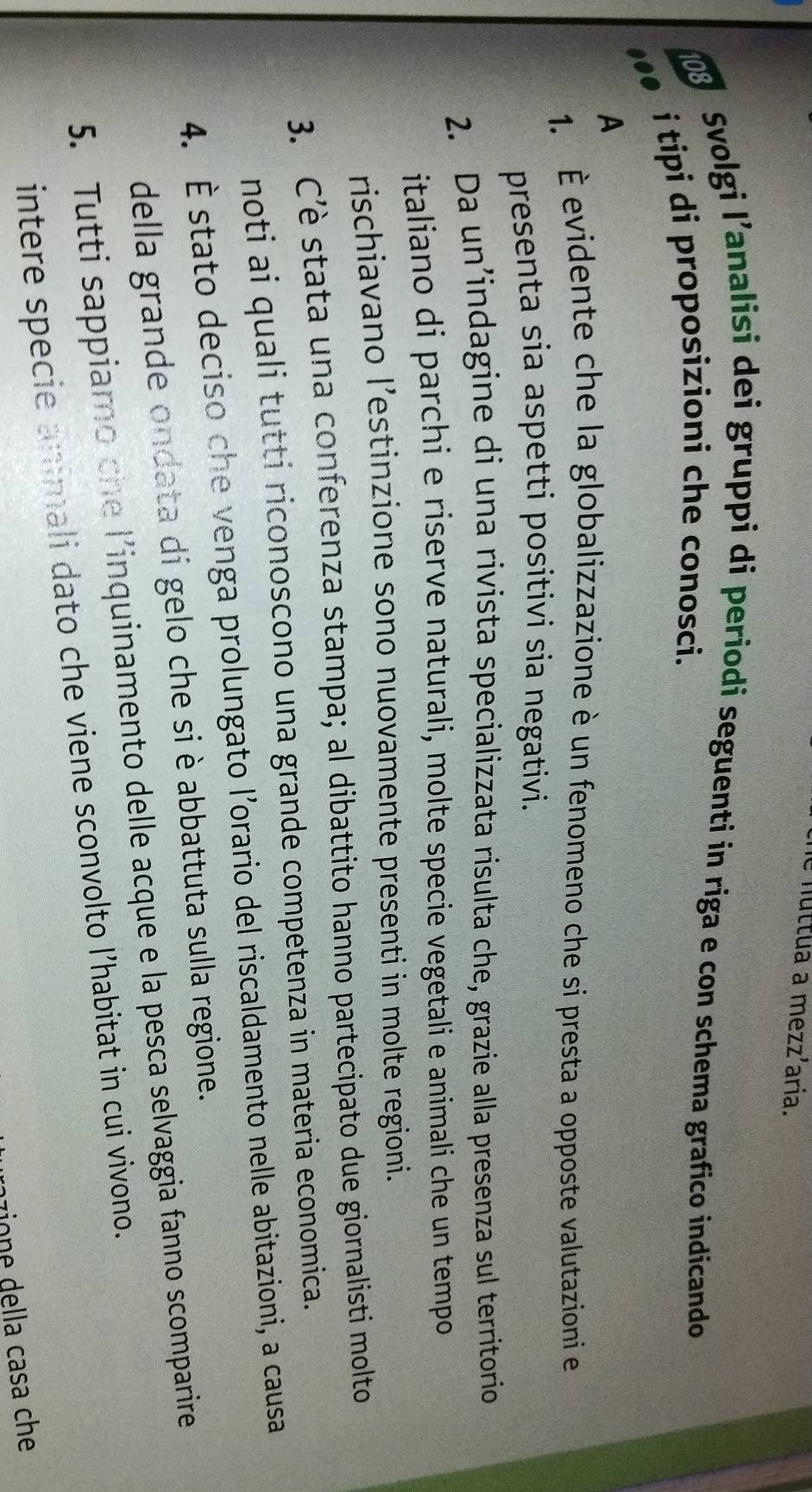 he nuttua a mezz’aria. 
Svolgi l’analisi dei gruppi di periodi seguenti in riga e con schema grafico indicando 
i tipi di proposizioni che conosci. 
A 
1. É evidente che la globalizzazione è un fenomeno che si presta a opposte valutazioni e 
presenta sia aspetti positivi sia negativi. 
2. Da un’indagine di una rivista specializzata risulta che, grazie alla presenza sul territorio 
italiano di parchi e riserve naturali, molte specie vegetali e animali che un tempo 
rischiavano l’estinzione sono nuovamente presenti in molte regioni. 
3. C'è stata una conferenza stampa; al dibattito hanno partecipato due giornalisti molto 
noti ai quali tutti riconoscono una grande competenza in materia economica. 
4. É stato deciso che venga prolungato l'orario del riscaldamento nelle abitazioni, a causa 
della grande ondata di gelo che si è abbattuta sulla regione. 
5. Tutti sappiamo che l’inquinamento delle acque e la pesca selvaggia fanno scomparire 
intere specie animali dato che viene sconvolto l’habitat in cui vivono. 
aione della casa che