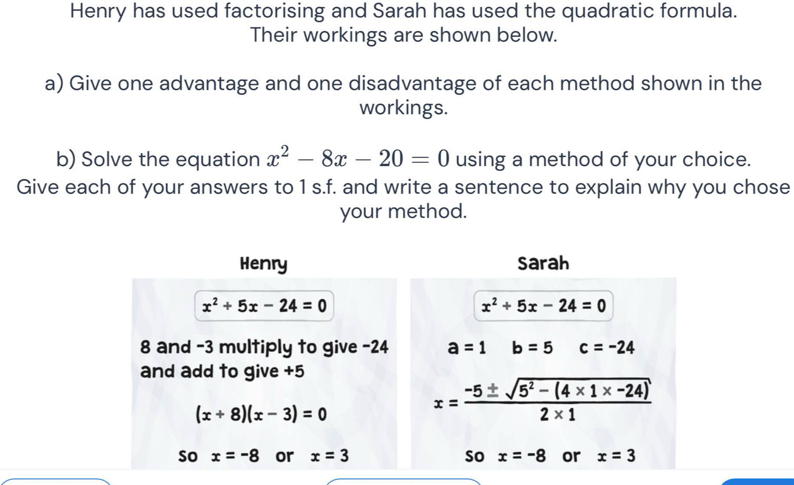 Henry has used factorising and Sarah has used the quadratic formula. 
Their workings are shown below. 
a) Give one advantage and one disadvantage of each method shown in the 
workings. 
b) Solve the equation x^2-8x-20=0 using a method of your choice. 
Give each of your answers to 1 s.f. and write a sentence to explain why you chose 
your method. 
Henry sarah
x^2+5x-24=0
x^2+5x-24=0
8 and -3 multiply to give -24 a=1 b=5 c=-24
and add to give +5
(x+8)(x-3)=0
x= (-5± sqrt(5^2-(4* 1* -24)))/2* 1 
So x=-8 or x=3 So x=-8 or x=3