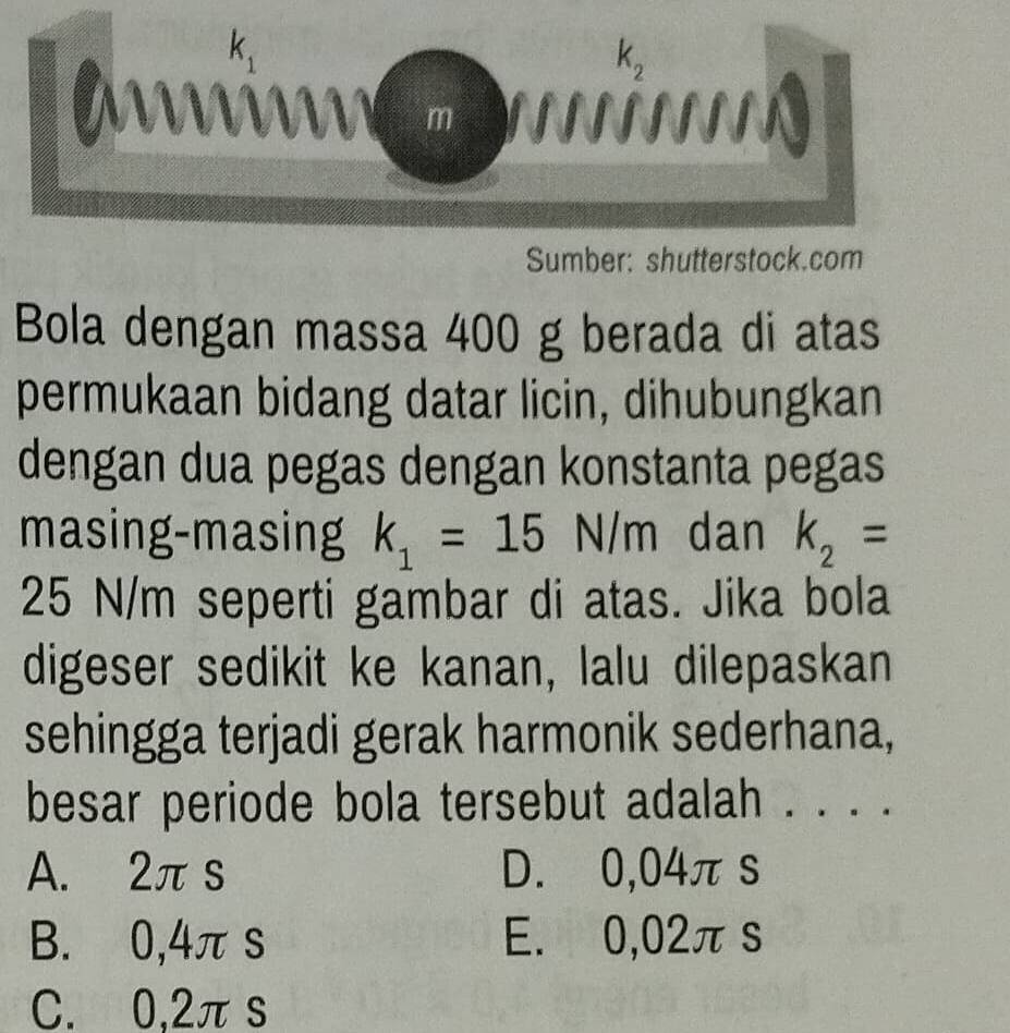 Sumber: shutterstock.co
Bola dengan massa 400 g berada di atas
permukaan bidang datar licin, dihubungkan
dengan dua pegas dengan konstanta pegas
masing-masing k_1=15 N/m dan k_2=
25 N/m seperti gambar di atas. Jika bola
digeser sedikit ke kanan, lalu dilepaskan
sehingga terjadi gerak harmonik sederhana,
besar periode bola tersebut adalah . . . .
A. 2πs D. 0,04πs
B. 0,4πs E. 0,02πs
C. 0,2πs