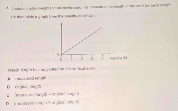 A student adds weights to an elastic cord. He measures the length of the cord for each weight.
He then plots a graph from the results, as shown.
Which length has he plotted on the vertical axis?
A measured length
B original length
C (measured length - original length)
D (measured length + original length)