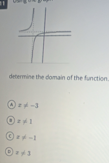 determine the domain of the function.
A x!= -3
B x!= 1
C x!= -1
D x!= 3