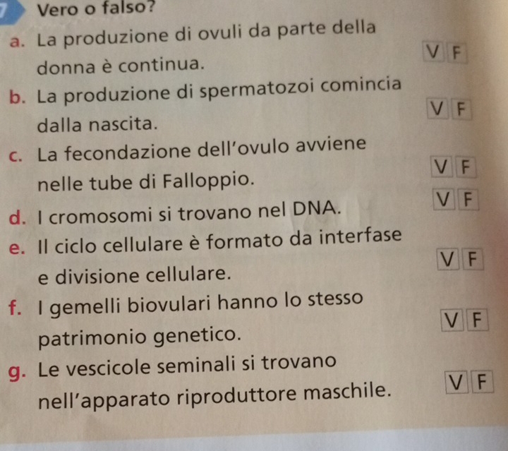 Vero o falso?
a. La produzione di ovuli da parte della
V F
donna è continua.
b. La produzione di spermatozoi comincia
V F
dalla nascita.
c. La fecondazione dell’ovulo avviene
V F
nelle tube di Falloppio.
d. I cromosomi si trovano nel DNA.
V F
e. Il ciclo cellulare è formato da interfase
V F
e divisione cellulare.
f. I gemelli biovulari hanno lo stesso
V F
patrimonio genetico.
g. Le vescicole seminali si trovano
nell’apparato riproduttore maschile. V F