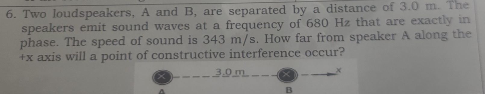 Two loudspeakers, A and B, are separated by a distance of 3.0 m. The 
speakers emit sound waves at a frequency of 680 Hz that are exactly in 
phase. The speed of sound is 343 m/s. How far from speaker A along the
+x axis will a point of constructive interference occur?
3.0 m
B