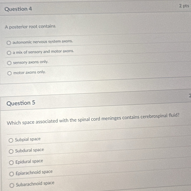 A posterior root contains
autonomic nervous system axons.
a mix of sensory and motor axons.
sensory axons only.
motor axons only.
Question 5
Which space associated with the spinal cord meninges contains cerebrospinal fluid?
Subpial space
Subdural space
Epidural space
Epiarachnoid space
Subarachnoid space