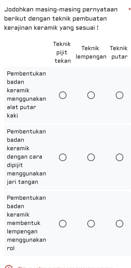 Jodohkan masing-masing pernyataan 
berikut dengan teknik pembuatan 
kerajinan keramik yang sesuai ! 
Teknik Teknik Teknik 
pijit 
tekan lempengan putar 
Pembentukan 
badan 
keramik 
menggunakan 
alat putar 
kaki 
Pembentukan 
badan 
keramik 
dengan cara 
dipijit 
menggunakan 
jari tangan 
Pembentukan 
badan 
keramik 
membentuk 
lempengan 
menggunakan 
rol