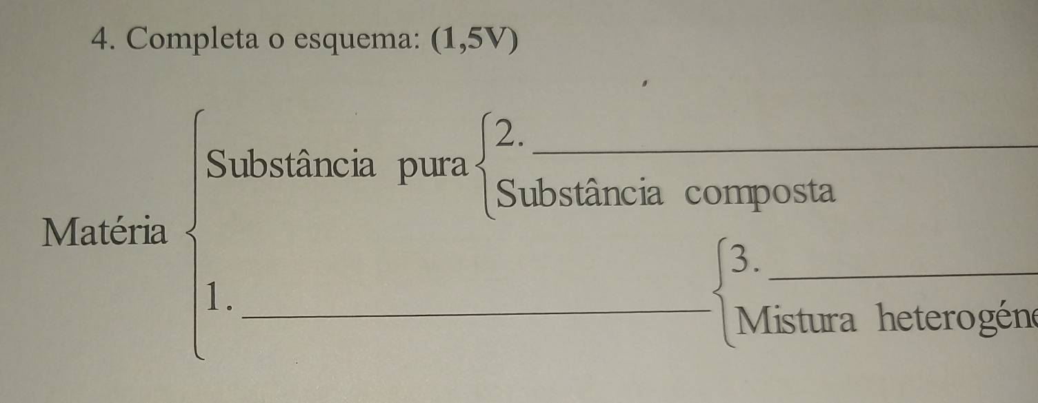 Completa o esquema: (1,5V)
Substância pura 
_ 
Substância composta 
Matéria 
_ 
1._ 
Mistura heterogén