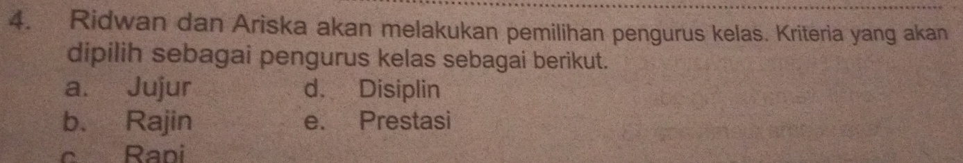 Ridwan dan Ariska akan melakukan pemilihan pengurus kelas. Kriteria yang akan
dipilih sebagai pengurus kelas sebagai berikut.
a. Jujur d. Disiplin
b. Rajin e. Prestasi
c Rapi