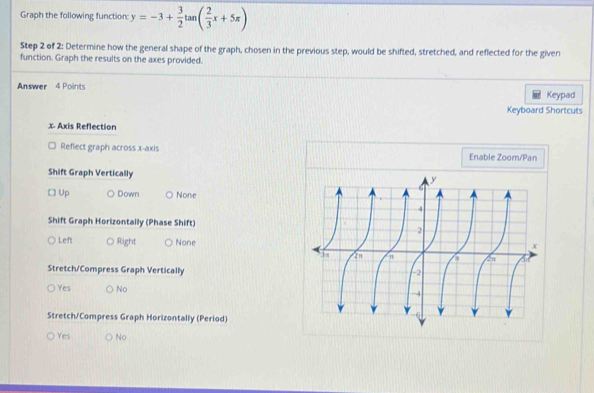 Graph the following function: y=-3+ 3/2 tan ( 2/3 x+5π )
Step 2 of 2: Determine how the general shape of the graph, chosen in the previous step, would be shifted, stretched, and reflected for the given
function. Graph the results on the axes provided.
Answer 4 Points Keypad
Keyboard Shortcuts
x Axis Reflection
Reflect graph across x-axis Enable Zoom/Pan
Shift Graph Vertically
□ Up Down None
Shift Graph Horizontally (Phase Shift)
Left Right None
Stretch/Compress Graph Vertically
Yes No 
Stretch/Compress Graph Horizontally (Period)
Yes No