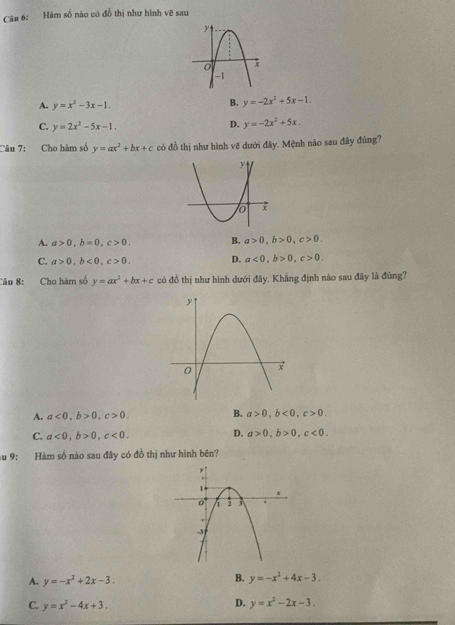 Hàm số nào có đồ thị như hình vẽ sau
A. y=x^2-3x-1.
B. y=-2x^2+5x-1.
C. y=2x^2-5x-1. D. y=-2x^2+5x. 
Câu 7: Cho hàm số y=ax^2+bx+c có đồ thị như hình vẽ dưới đây. Mệnh nào sau đây đúng?
A. a>0, b=0, c>0.
B. a>0, b>0, c>0.
C. a>0, b<0</tex>, c>0. D. a<0</tex>, b>0, c>0. 
Câu 8: Cho hàm số y=ax^2+bx+c có đồ thị như hình dưới đây, Khẳng định nào sau đây là đúng?
A. a<0</tex>, b>0, c>0. B. a>0, b<0</tex>, c>0.
C. a<0</tex>, b>0, c<0</tex>.
D. a>0, b>0, c<0</tex>. 
Su 9: Hàm số nào sau đây có đồ thị như hình bên?
B.
A. y=-x^2+2x-3. y=-x^2+4x-3.
C. y=x^2-4x+3. D. y=x^2-2x-3.