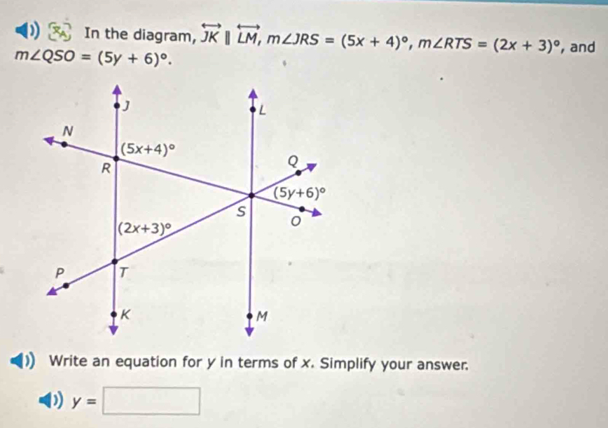 In the diagram,
m∠ QSO=(5y+6)^circ . overleftrightarrow JKparallel overleftrightarrow LM,m∠ JRS=(5x+4)^circ ,m∠ RTS=(2x+3)^circ  , and
Write an equation for y in terms of x. Simplify your answer.
) y=□