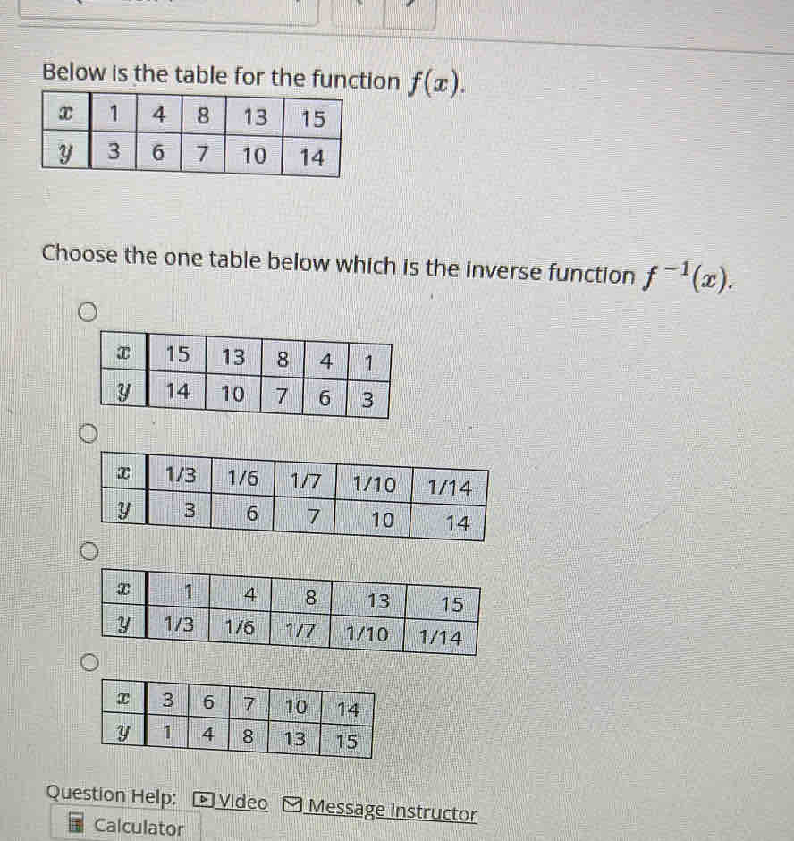 Below is the table for the function f(x). 
Choose the one table below which is the inverse function f^(-1)(x). 
Question Help: Video Message instructor 
Calculator