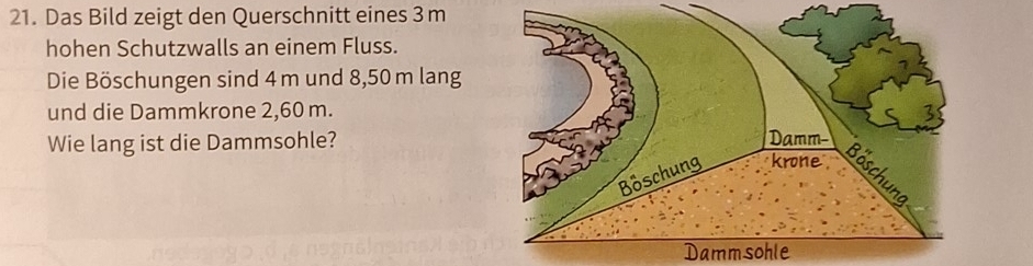 Das Bild zeigt den Querschnitt eines 3 m
hohen Schutzwalls an einem Fluss. 
Die Böschungen sind 4 m und 8,50 m lang 
und die Dammkrone 2,60 m. 
Wie lang ist die Dammsohle? 
Dammsohle