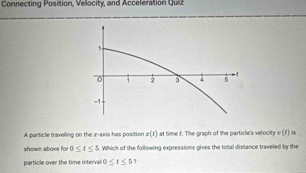 Connecting Position, Velocity, and Acceleration Quiz 
A particle traveling on the x-axis has position x(t) at time t. The graph of the particle's velocity v(t) is 
shown above for 0≤ t≤ 5. Which of the following expressions gives the total distance traveled by the 
particle over the time interval 0≤ t≤ 5 ?