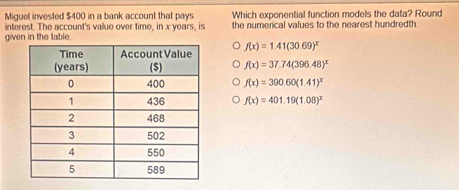 Miguel invested $400 in a bank account that pays Which exponential function models the data? Round
interest. The account's value over time, in x years, is the numerical values to the nearest hundredth.
given in the table
f(x)=1.41(30.69)^x
f(x)=37.74(396.48)^x
f(x)=390.60(1.41)^x
f(x)=401.19(1.08)^x