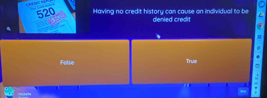 CREDIT REPU
Your Credit Score is: id
520 Having no credit history can cause an individual to be
a REAMED
denied credit

False True
Michelle Skip