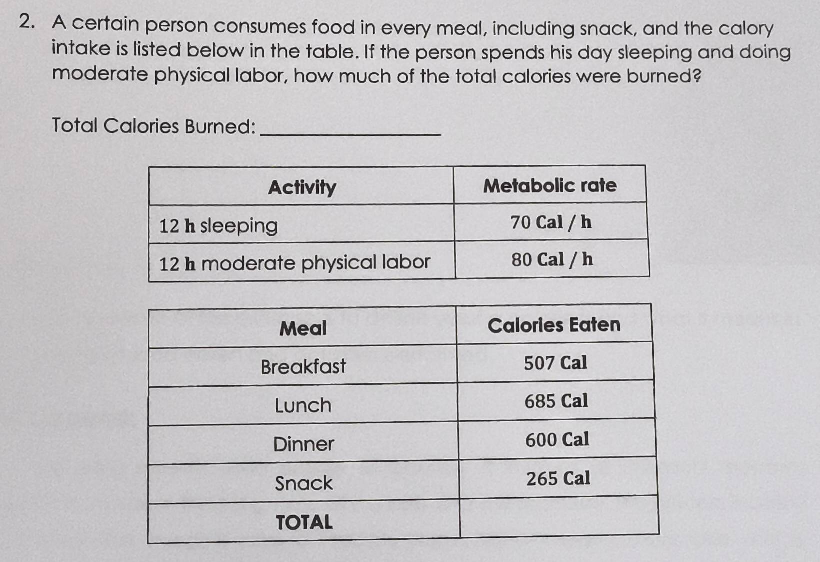 A certain person consumes food in every meal, including snack, and the calory 
intake is listed below in the table. If the person spends his day sleeping and doing 
moderate physical labor, how much of the total calories were burned? 
Total Calories Burned:_