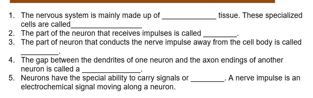 The nervous system is mainly made up of_ tissue. These specialized 
cells are called_ 
2. The part of the neuron that receives impulses is called_ 
. 
3. The part of neuron that conducts the nerve impulse away from the cell body is called 
_ 
4. The gap between the dendrites of one neuron and the axon endings of another 
neuron is called a_ 
5. Neurons have the special ability to carry signals or _. A nerve impulse is an 
electrochemical signal moving along a neuron.