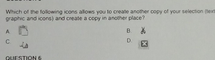 Which of the following icons allows you to create another copy of your selection (text
graphic and icons) and create a copy in another place?
A.
B.
C.
D.
OUESTION 6