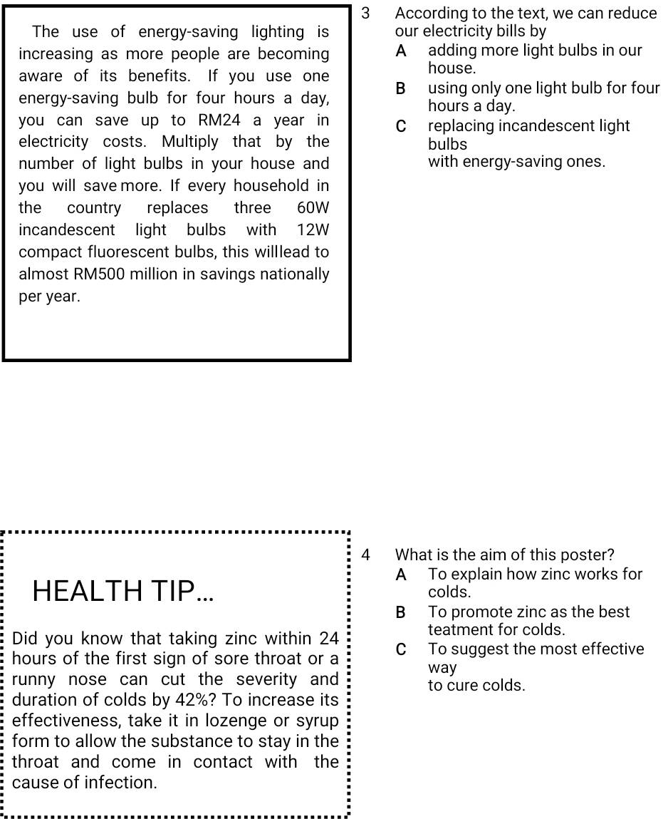 According to the text, we can reduce
The use of energy-saving lighting is our electricity bills by
increasing as more people are becoming A adding more light bulbs in our
aware of its benefits. If you use one
house.
energy-saving bulb for four hours a day, B using only one light bulb for four
hours a day.
you can save up to RM24 a year in C replacing incandescent light
electricity costs. Multiply that by the bulbs
number of light bulbs in your house and with energy-saving ones.
you will save more. If every household in
the country replaces three 60W
incandescent light bulbs with 12W
compact fluorescent bulbs, this willlead to
almost RM500 million in savings nationally
per year.
4 What is the aim of this poster?
A To explain how zinc works for
HEALTH TIP... colds.
B To promote zinc as the best
teatment for colds.
Did you know that taking zinc within 24
hours of the first sign of sore throat or a C To suggest the most effective
way
runny nose can cut the severity and 
to cure colds.
duration of colds by 42%? To increase its
effectiveness, take it in lozenge or syrup
form to allow the substance to stay in the
throat and come in contact with the
cause of infection.