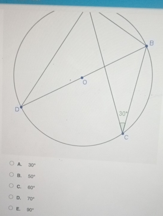 A. 30°
B. 50°
C. 60°
D. 70°
E. 90°