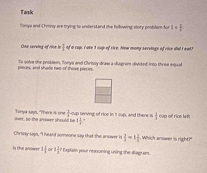 Task 
Tonya and Chrissy are trying to understand the following story problem for 1/  2/3  : 
One serving of rice is  2/3  of a cup. I ate 1 cup of rice. How many servings of rice did I eat? 
To solve the problem, Tonya and Chrissy draw a diagram divided into three equal 
pieces, and shade two of those pieces. 
Tonya says, “There is one  2/3  cup serving of rice in 1 cup, and there is  1/3 cu p of rice left 
over, so the answer should be 1 1/3  " 
Chrissy says, “I heard someone say that the answer is  3/2 =1 1/2 . Which answer is right?" 
Is the answer 1 1/3  or 1 1/2  ? Explain your reasoning using the diagram.