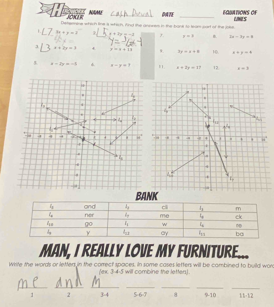 EROWORK NAME _DATE _EQUATIONS OF
JOKER LINES
Determine which line is which. Find the answers in the bank to learn part of the joke.
1. 3x+y=2 2. x+2y=-2 7. y=3 8. 2x-3y=8
3. x+2y=3 4. y=x+13 9. 3y=x+8 10. x+y=4
5. x-2y=-5 6. x-y=7 11. x+2y=17 12. x=3
MAN, I REALLy LoVe My Furniture.
Write the words or letters in the correct spaces. In some cases letters will be combined to build wor
(ex. 3-4-5 will combine the letters).
__
__
_
__
2
1 3-4 5-6-7 8 9-10 11-12