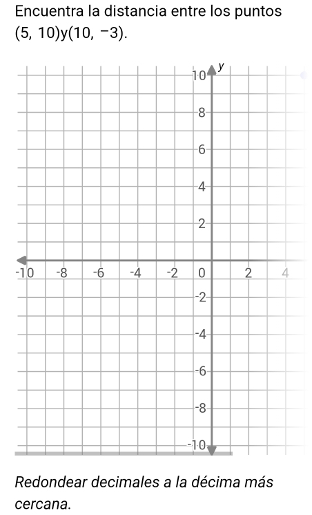 Encuentra la distancia entre los puntos
(5,10)y(10,-3).
-1
Redondear decimales a la décima más 
cercana.