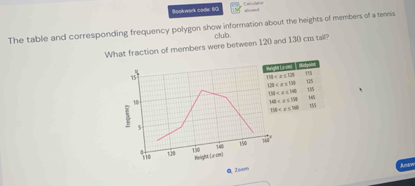 Bookwork code: 6G Calculator
allowed
The table and corresponding frequency polygon show information about the heights of members of a tennis
club.
What fraction of members were between 120 and 130 cm tall?
M
15
10
5
9% 120 140 150 160°
130
Height (∞ cm)
Answ
Q Zoom