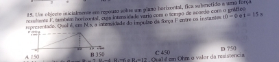 2
15. Um objecto inicialmente em repouso sobre um plano horizontal, fica submetido a uma força
resultante F, também honizontal, cuis intensidade varia com o tempo de acordo com o gráfico
representado. Qual é, em N.s, a intensidade do impulso da força F entre os instantes 10=0 a t=15s
* 2
A 150 A-2b=4B-6=R-12 B 350 C 450 D 750
, Qual é em Ohm o valor da resistencia