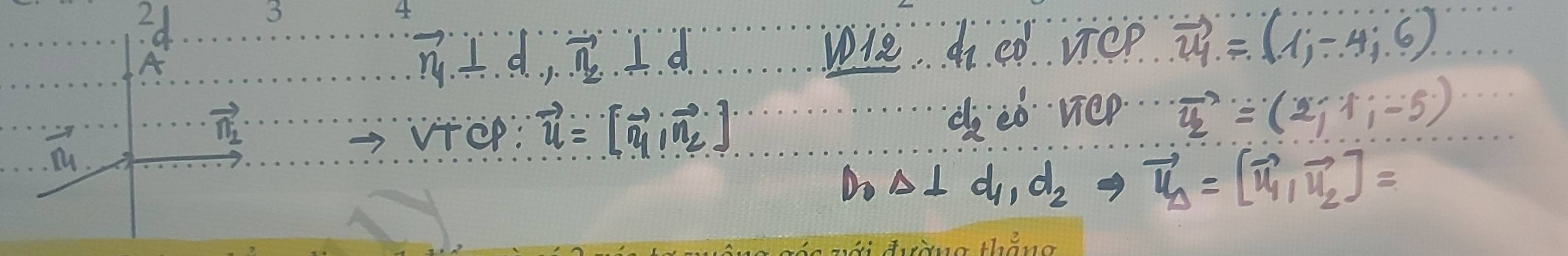 A
vector n_1⊥ d, vector n_n_1 v1e d ed ve? vector u_1=(1,-4,6)
vector n_1
vector n_2
viee: vector u=[vector n_1,vector n_2] d eò viep vector u_2=(2;1,-5)
Do AL d_1,d_2to vector u_1=[vector u_1,vector u_2]=