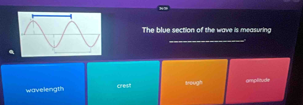 34/39
The blue section of the wave is measuring
_
.
crest trough amplitude
wavelength