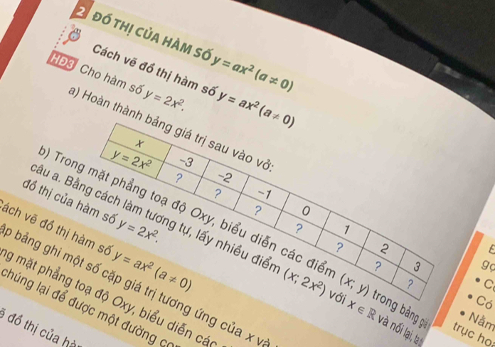 2 đố thị của hàm số y=ax^2(a!= 0)
Cách vẽ đồ thị hàm số y=ax^2(a!= 0)
y=2x^2.
HĐ3 Cho hàm số a) Hoàn thành
đồ thị của
ách vẽ đồ thị 
) Trotrục ho
âu a. B bảng giá và nối lại, ta 
E
go
C
o bảng ghi mg ứng của x v
g mặt phẳngy, biểu diễn các
X∈ R
Có
húng lại để đợc một đường có
Nằm
: đồ thị của hà