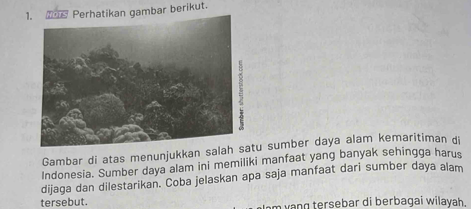 Perhatikan gambar berikut. 
Gambar di atas menunjukkan su sumber daya alam kemaritiman di 
Indonesia. Sumber daya alam ini memiliki manfaat yang banyak sehingga harus 
dijaga dan dilestarikan. Coba jelaskan apa saja manfaat dari sumber daya alam 
tersebut. 
m vang tersebar di berbagai wilayah.