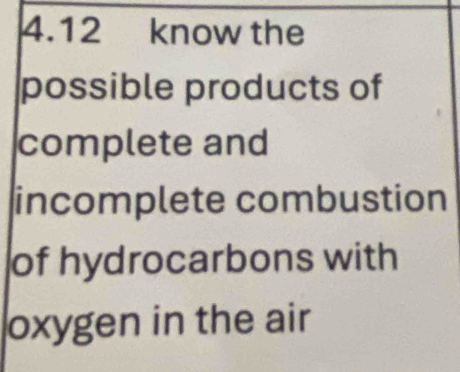 4.12 know the 
possible products of 
complete and 
incomplete combustion 
of hydrocarbons with 
oxygen in the air