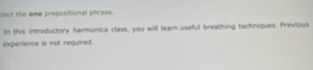 elect the one prepositional phrase. 
In this introductory harmonica class, you will learn usefull breathing techniques. Previous 
experience is not required.