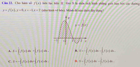 Cho hàm số f(x) liên tục trên R. Gọi S là diện tích hình phẳng giới hạn bởi các đường
y=f(x),y=0,x=-1,x=2 (như hình veb ên). Mệnh đề nào dưới đây đùng?
A. S=∈tlimits _(-1)^1f(x)dx+∈tlimits _1^2f(x)dx. B. S=-∈tlimits _(-1)^1f(x)dx-∈tlimits _1^2f(x)dx.
C. S=-∈tlimits _0^1f(x)dx+∈tlimits _0^2f(x)dx. D. S=∈tlimits _(-1)^1f(x)dx-∈tlimits _1^2f(x)dx.