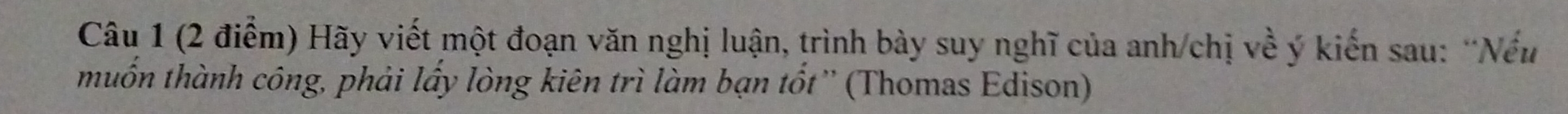 Hãy viết một đoạn văn nghị luận, trình bày suy nghĩ của anh/chị về ý kiến sau: “Nếu 
muốn thành công, phải lấy lòng kiên trì làm bạn tốt'' (Thomas Edison)