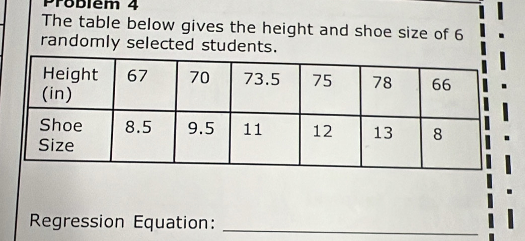 Problém 4 
The table below gives the height and shoe size of 6
randomly selected students. 
Regression Equation:_