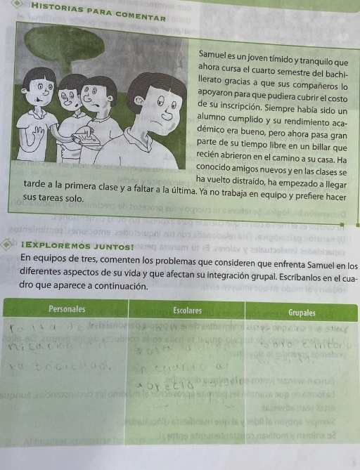 Historias para coment 
Samuel es un joven tímido y tranquilo que 
ahora cursa el cuarto semestre del bachi- 
lerato gracias a que sus compañeros lo 
apoyaron para que pudiera cubrir el costo 
de su inscripción. Siempre había sido un 
lumno cumplido y su rendimiento aca- 
démico era bueno, pero ahora pasa gran 
arte de su tiempo libre en un billar que 
ecién abrieron en el camino a su casa. Ha 
onocido amigos nuevos y en las clases se 
ha vuelto distraído, ha empezado a llegar 
tarde a la primera clase y a faltar a la última. Ya no trabaja en equipo y prefere hacer 
sus tareas solo. 
1EXPLOREMOS JUnTOS! 
En equipos de tres, comenten los problemas que consideren que enfrenta Samuel en los 
diferentes aspectos de su vida y que afectan su integración grupal. Escríbanlos en el cua- 
dro que aparece a continuación. 
w