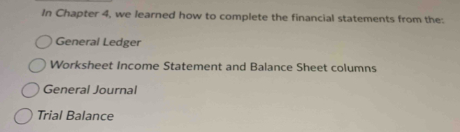 In Chapter 4, we learned how to complete the financial statements from the: 
General Ledger 
Worksheet Income Statement and Balance Sheet columns 
General Journal 
Trial Balance