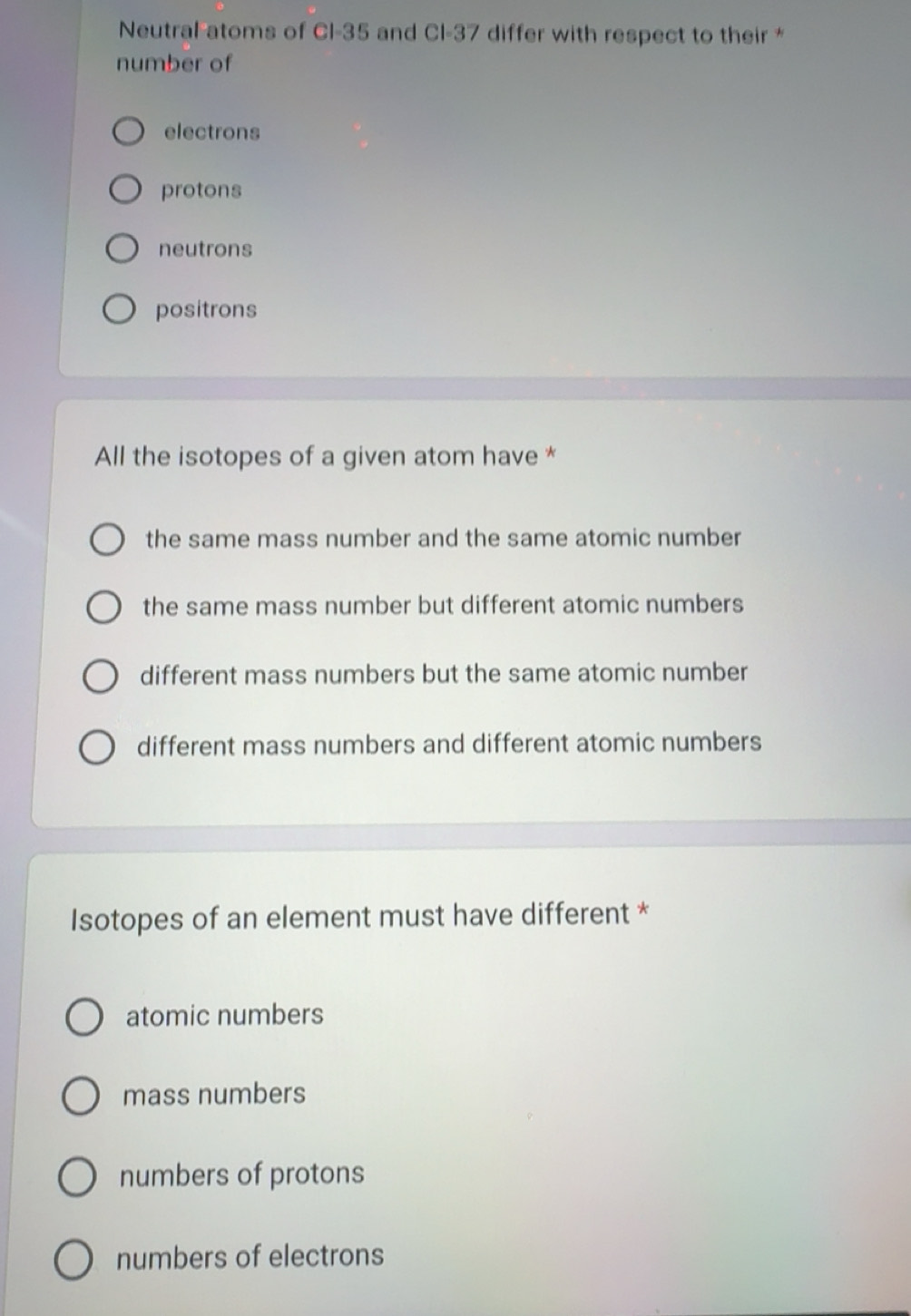 Solved: Neutral atoms of Cl-35 and Cl-37 differ with respect to their ...