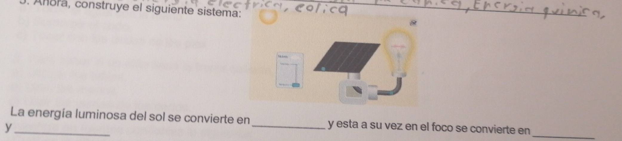 Añora, construye el siguiente sistema: 
_ 
La energía luminosa del sol se convierte en_ y esta a su vez en el foco se convierte en_ 
_y