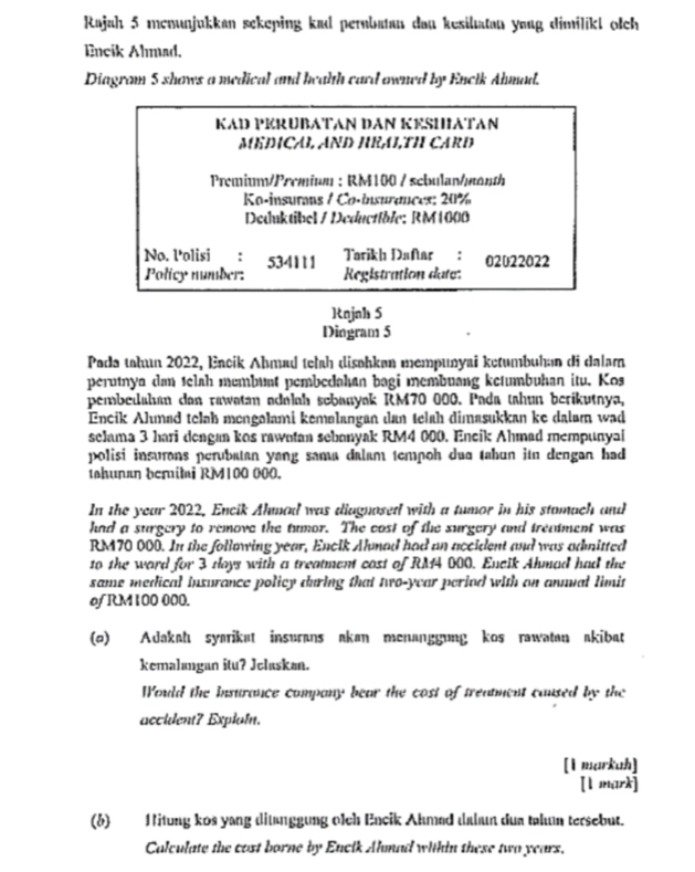 Rajah 5 menunjukkan sekeping kad pernbatan dan kesilatan ymng dimilikl olch
Encik Almad.
Diagram 5 shows a medical and health card owned by Encik Ahmad.
KAD PERUBATAN DAN KESHATAN
MEDIÇAL AND HRA,TH CARD
Premiu/Premium : RM100 / sebulan/manth
Ko-insurans / Co-insurances: 20%
Deduktibel / Deductíble: RM1000
Tarikh Dafar :
No. Polisi : 534111 02022022
Policy number: Registration date:
Rnjnh 5
Dingram 5
Pada tahun 2022, Encik Ahmad teḥḥ disøhkən mempunyai ketumbuhan di dalam
perutnya dam telah membunt pembedahan bagi membuang ketumbuhan itu. Kos
pembedahan dan rawatan adalah scbanyak RM70 000. Pada tahun berikutnya,
Encik Ahmad tełəh mengəlami keməlangan dan telah dimasukkan ke dalam wad
selama 3 hari dengan kos rawntan sebanyak RM4 000. Encik Ahmad mempunyal
polisi insurans perubatan yang sama dalam tempoh duo tabun itn dengan had
tahunan beritai RM100 000.
In the year 2022, Encik Ahmad was diagnosed with a tumor in his stomach and
had a surgery to remove the tumor. The cost of the surgery and treatment was
RM70 000. In the following year, Encik Almad had an accident and was admitted
to the ward for 3 doys with a treatment cost of RM4 000. Encik Ahmad had the
same medical insurance policy during that two-year period with on annual limit
of RM100 000.
(o) Adakaḥ syarikat insurans akan menanggung kos rawatan akibat
kemalıngan itu? Jeluskan.
Would the Insurance company bear the cost of treatment caused by the
accident? Explain.
[1 markah]
[lmrk]
(6) Htung kos yang ditänggung olch Encik Ahmad dabun dua tahum tersebut.
Calculate the cost borne by Encik Almad within these two years.