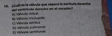 ¿Cuál es la válvula que separa la aurícula derecha
del ventrículo derecho en el corazón?
A) Válvula mitral
B) Válvula tricúspide
C) Válvula aórtica
D) Válvula pulmonar
E) Válvula semilunar